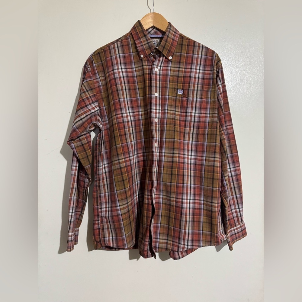 Cinch Brown pink Plaid long sleeve Button Down Shirt Small